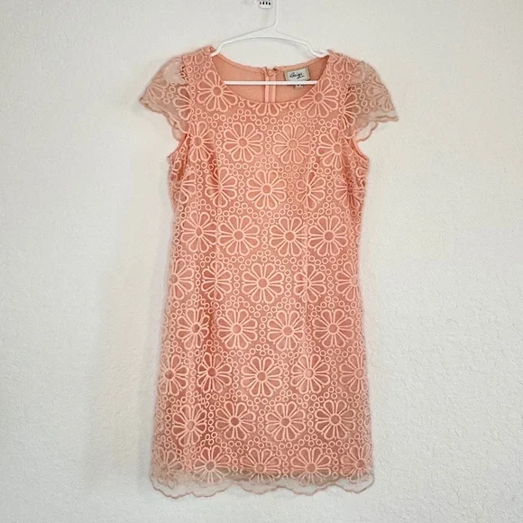 Beige by eci, Peachy/Pink Floral Lace Overlay Sheath Dress, Size 6 - Picture 8 of 10
